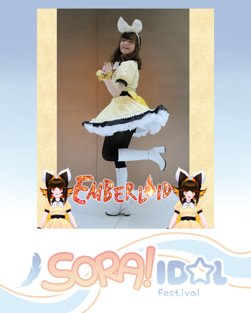 Person in a yellow idol-style dress with white boots and bunny-ear headband posing mid-twirl; “Emberloid” logo with anime mascots below
