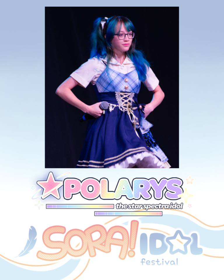 Performer with blue-green hair holding a microphone on stage in a blue idol outfit; “Polaris – the star spectra idol” logo below
