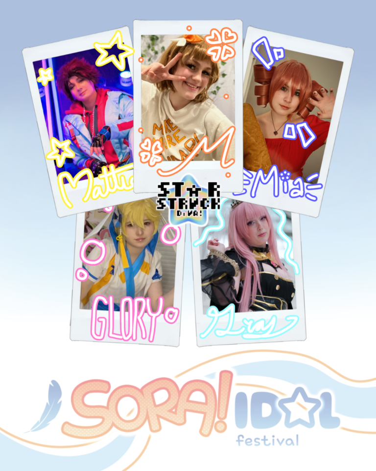 Collage of five cosplayers in polaroid-style frames with colorful doodles; “Starstruck Diva” logo centered