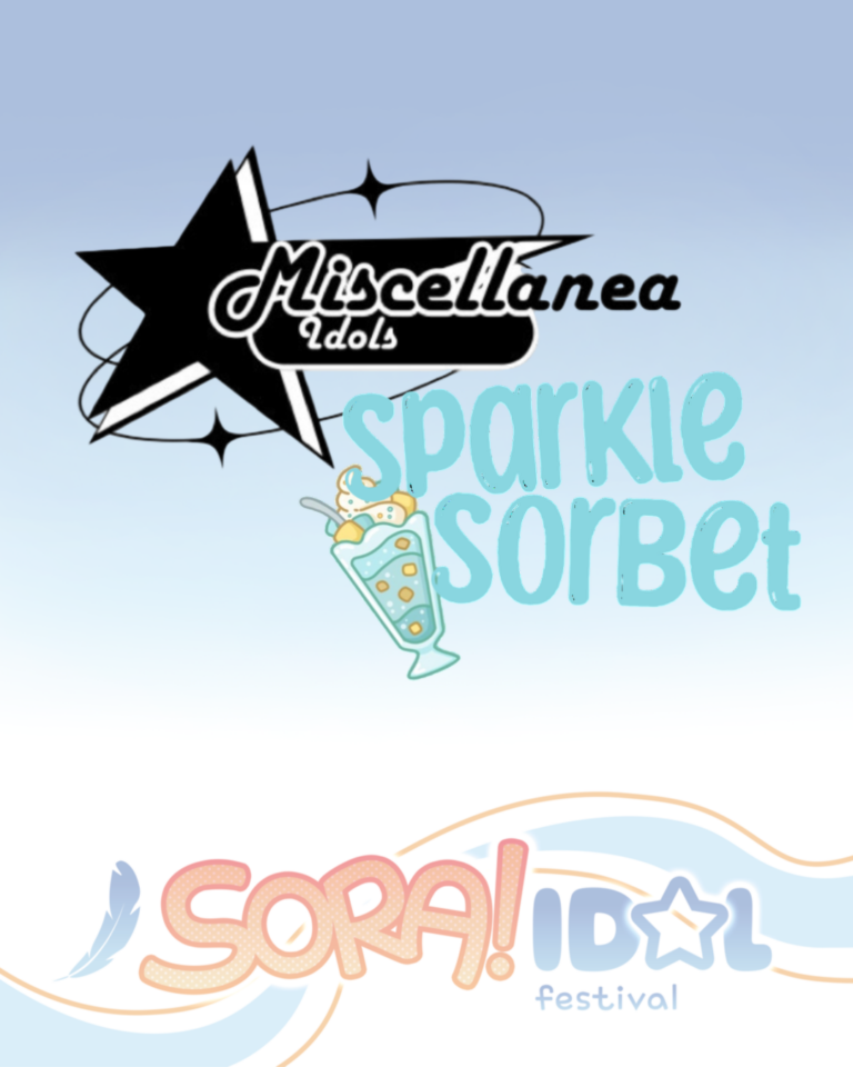 Black star logo reading “Miscellanea Idols” alongside pastel “Sparkle Sorbet” text with a dessert graphic
